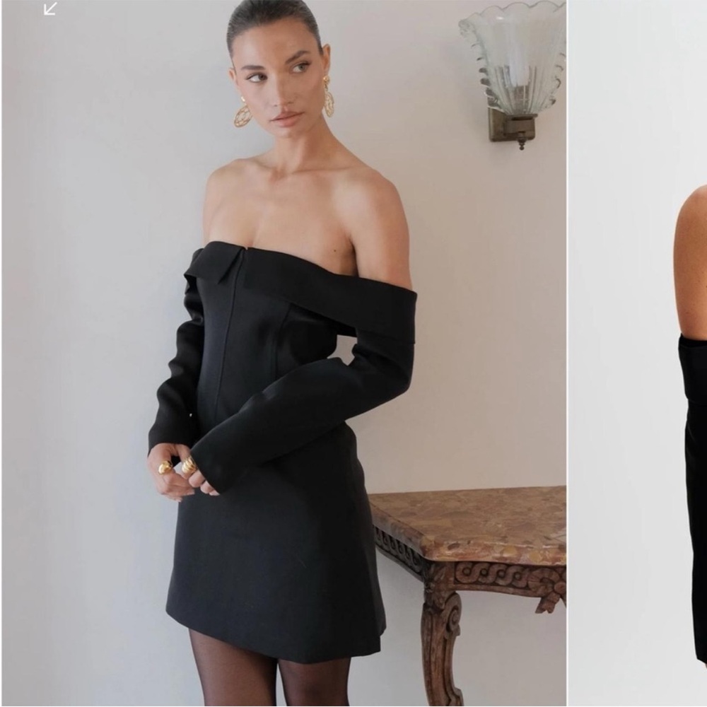 Meshki Hugo suiting off shoulder mini dress